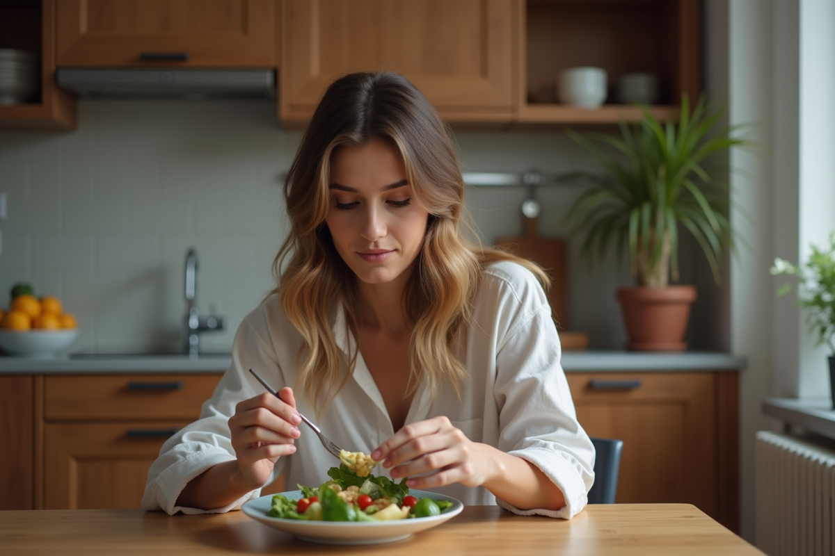 Femme mangeant une salade dans une cuisine moderne
