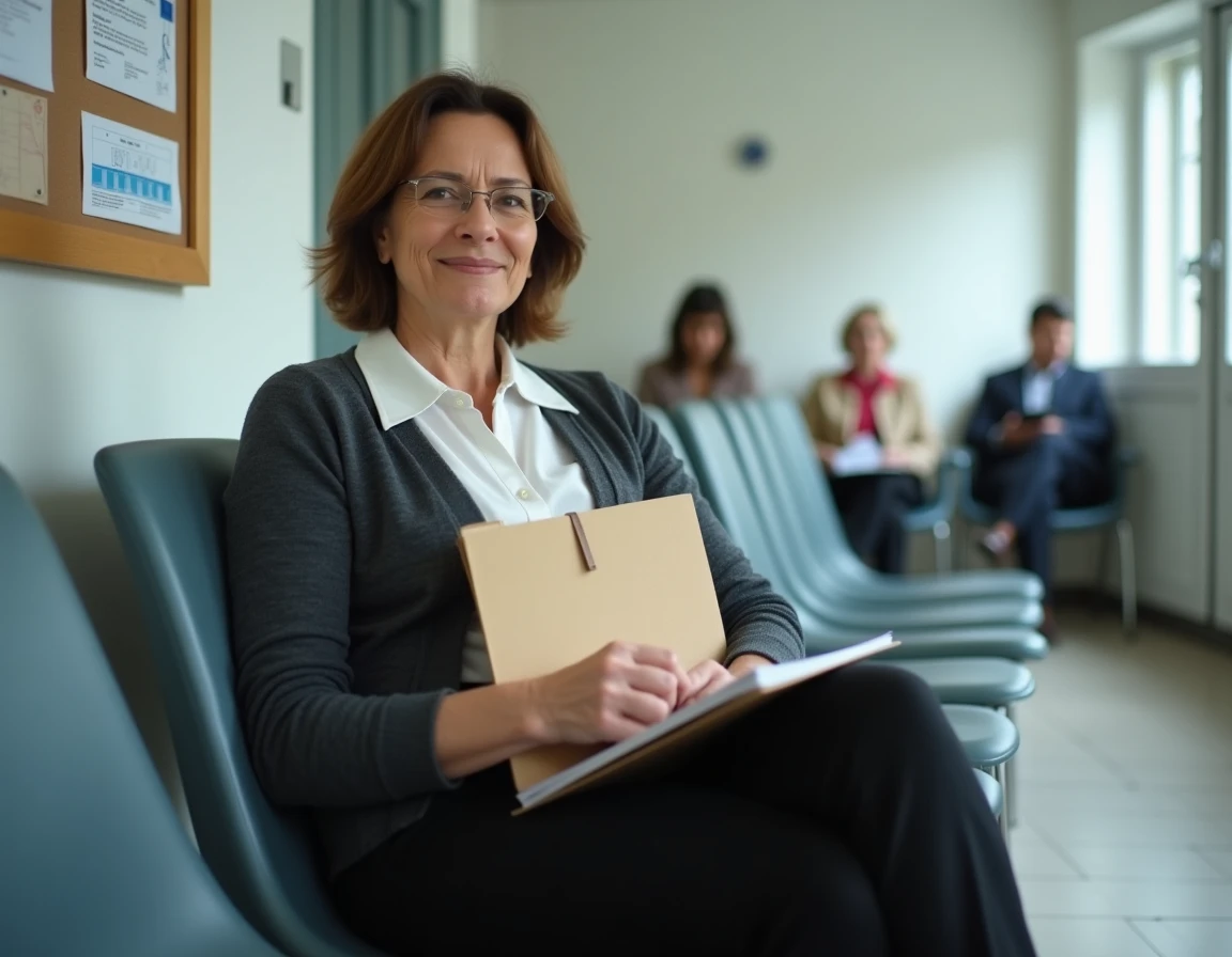 Femme patientant dans une salle d'attente MDPH avec ses documents médicaux pour une demande de RQTH