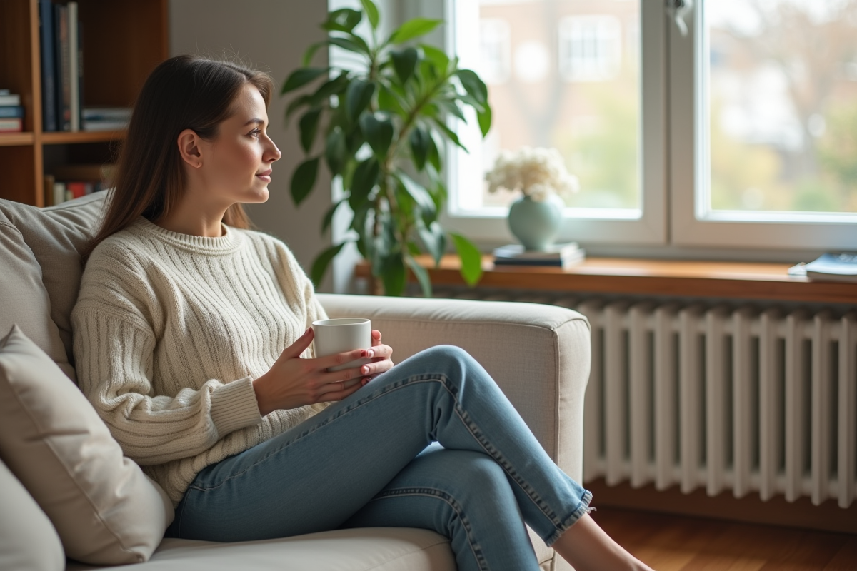 Femme assise sur un canapé beige regardant par la fenêtre