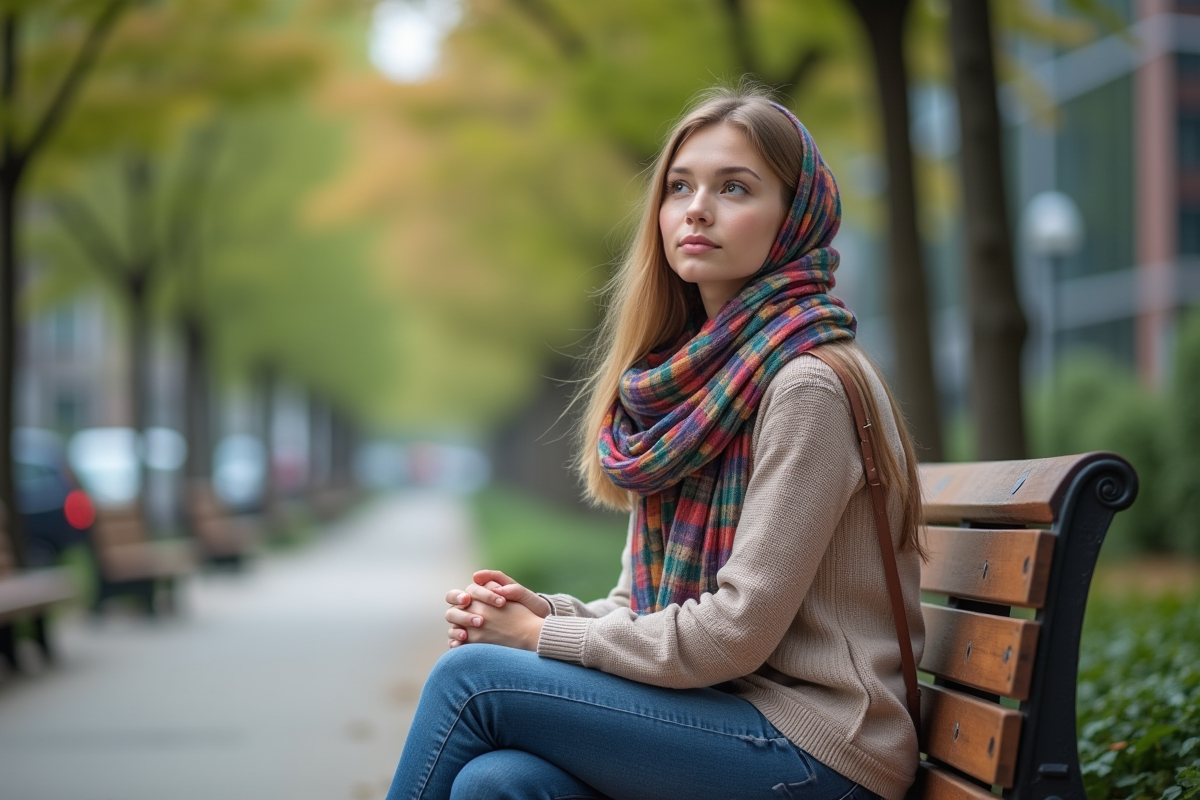 Jeune femme avec foulard coloré dans un parc urbain