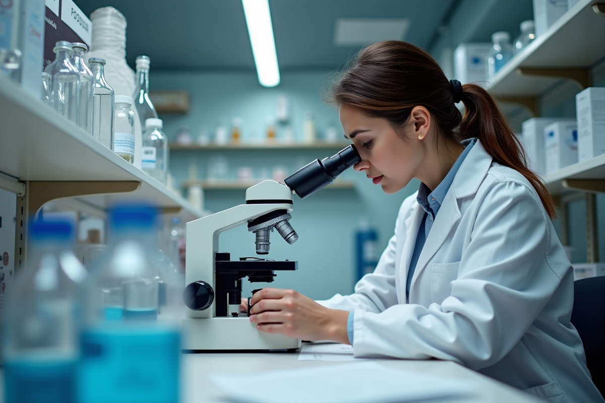 Scientifique observant un échantillon au microscope en laboratoire