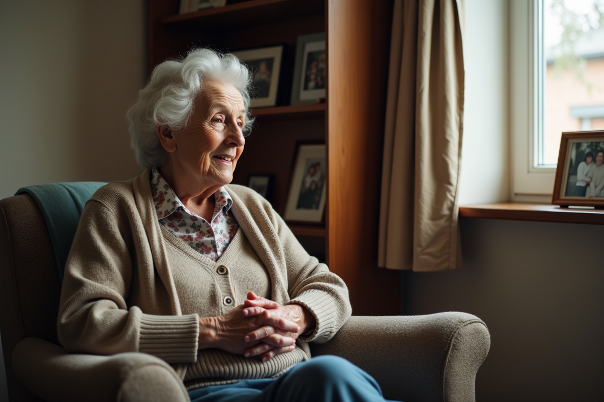 Femme senior pensant dans son salon chaleureux