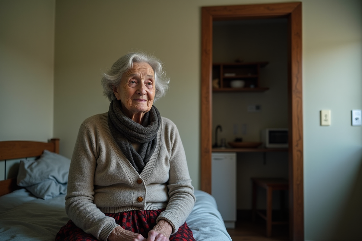 Femme âgée assise dans une chambre modeste et simple
