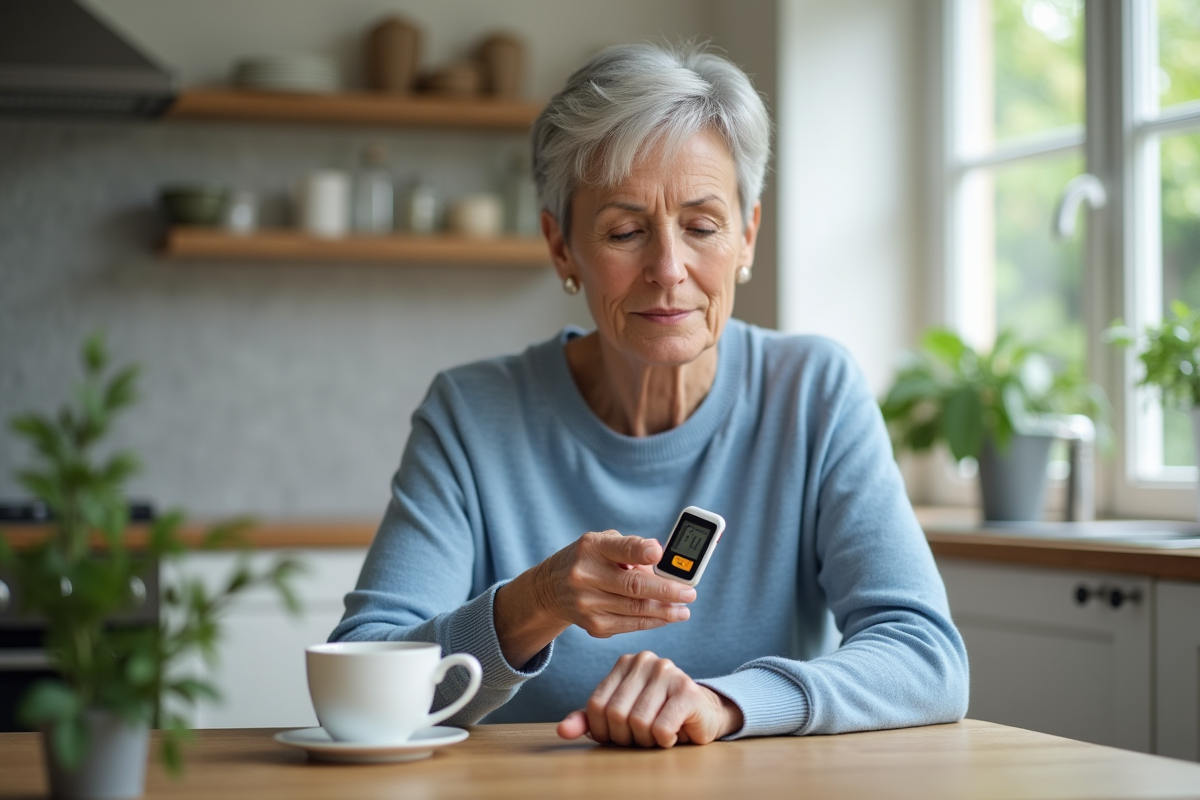Femme âgée vérifiant sa glycémie à la maison