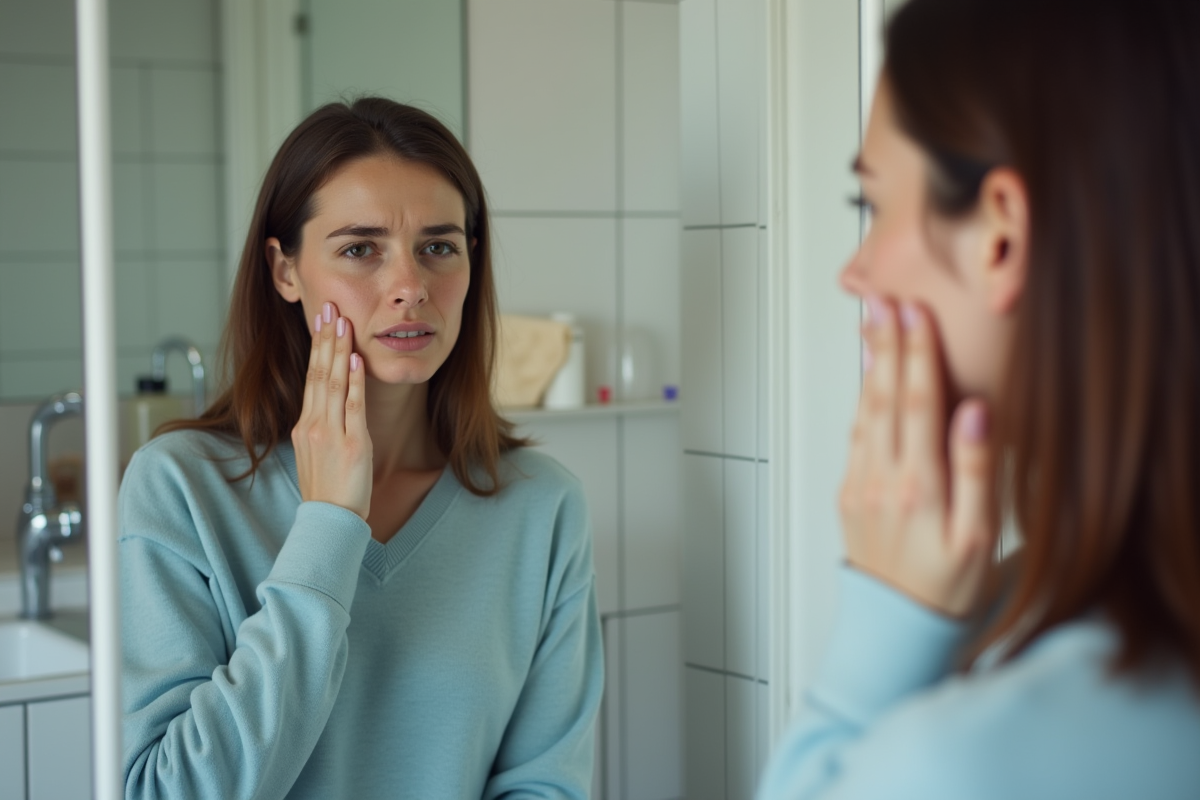 Femme examinant ses imperfections de peau dans un miroir