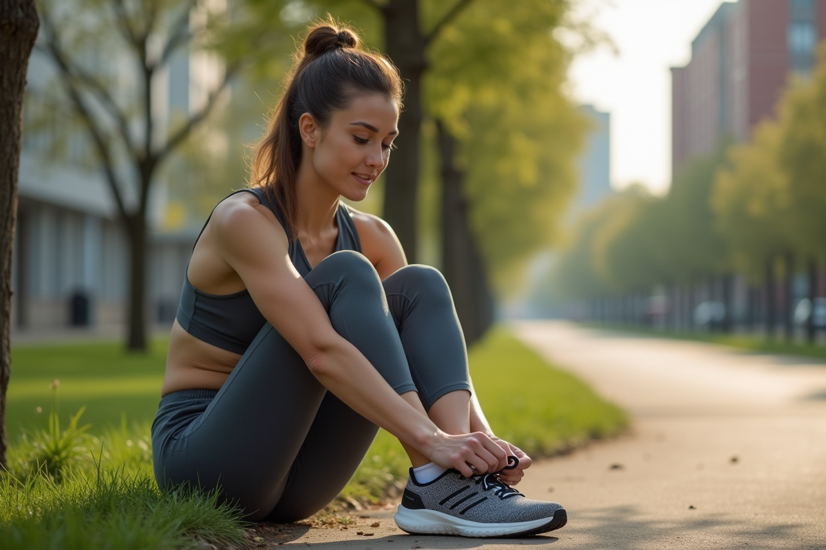 Femme sportive attachant ses chaussures dans un parc urbain