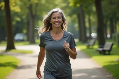 Femme souriante marchant dans un parc verdoyant