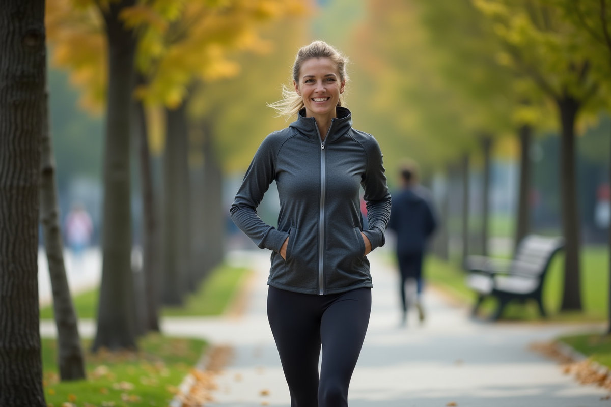 Femme sportive souriante marchant dans un parc urbain