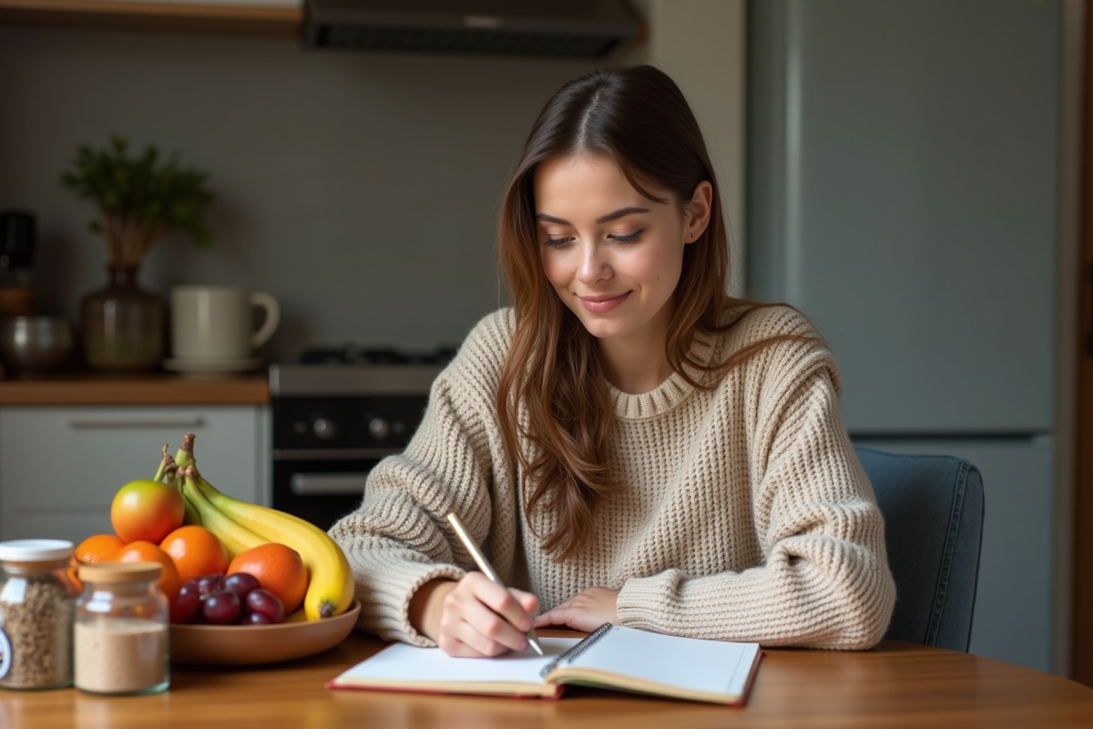 Jeune femme examinant un carnet alimentaire dans la cuisine