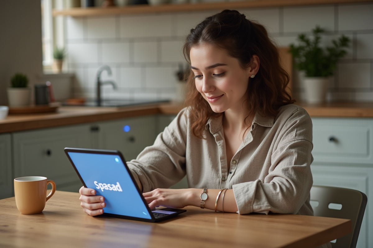Jeune femme utilisant une tablette dans une cuisine chaleureuse
