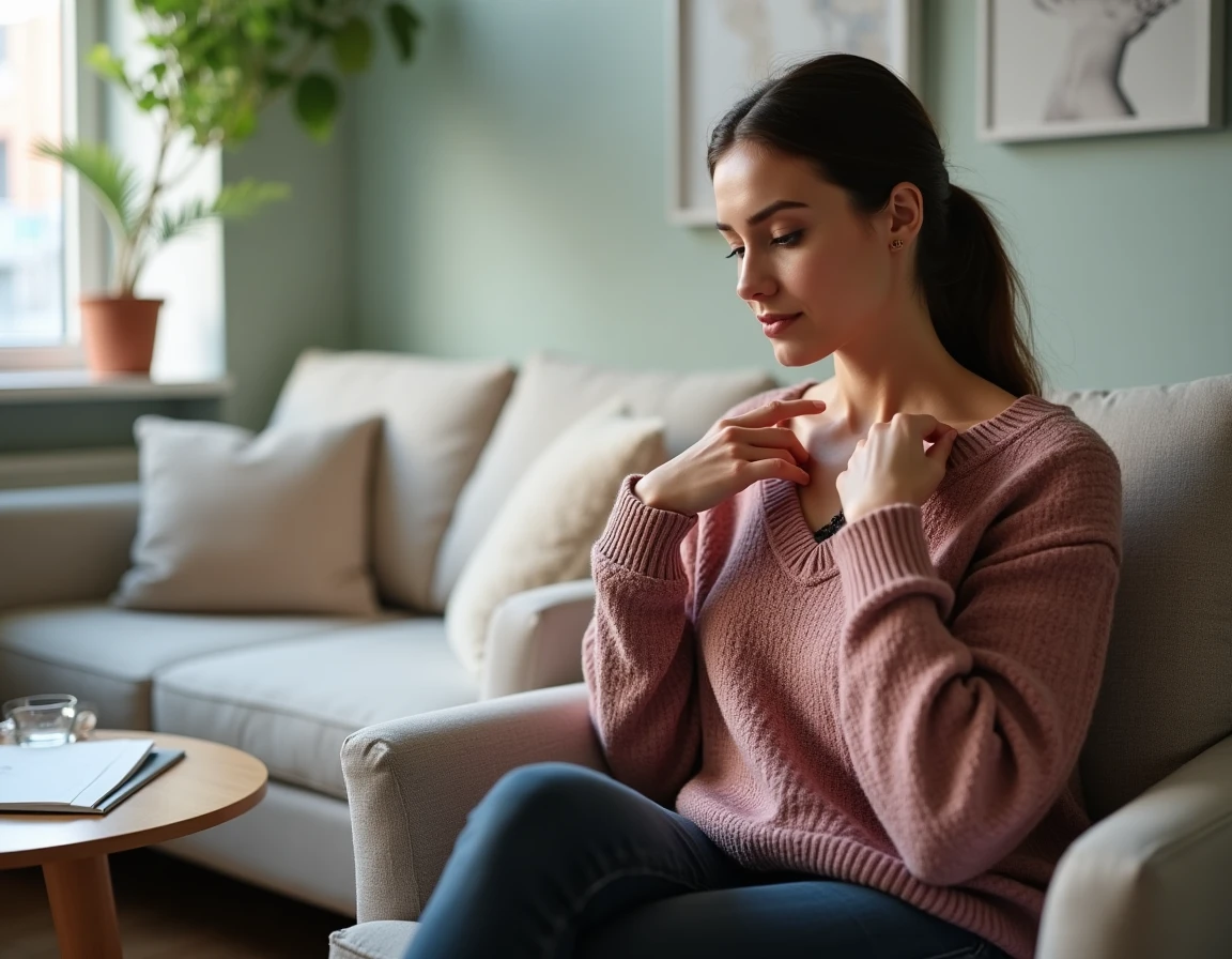Femme pratiquant une technique de tapping EFT sur la clavicule, méthode alternative comparée au Bonhomme Allumette et à l'hypnose en 2026
