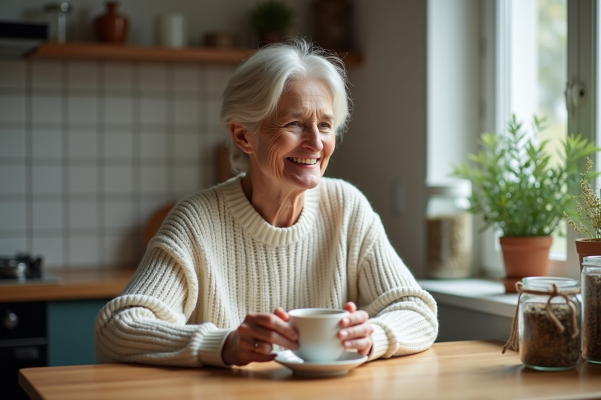 Femme méditant avec une tasse de tisane dans la cuisine