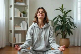 Femme pratiquant une technique de libération émotionnelle comme l'EFT ou la méthode Bonhomme Allumette dans un espace de méditation minimaliste