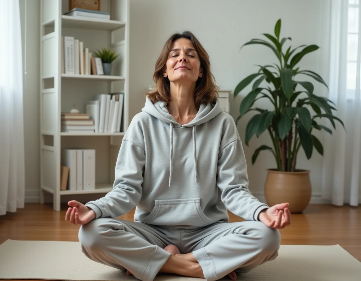 Femme pratiquant une technique de libération émotionnelle comme l'EFT ou la méthode Bonhomme Allumette dans un espace de méditation minimaliste