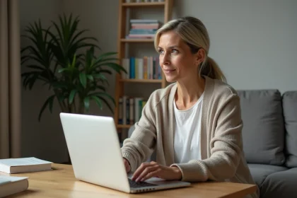Femme en cardigan travaillant &agrave; domicile avec un ordinateur