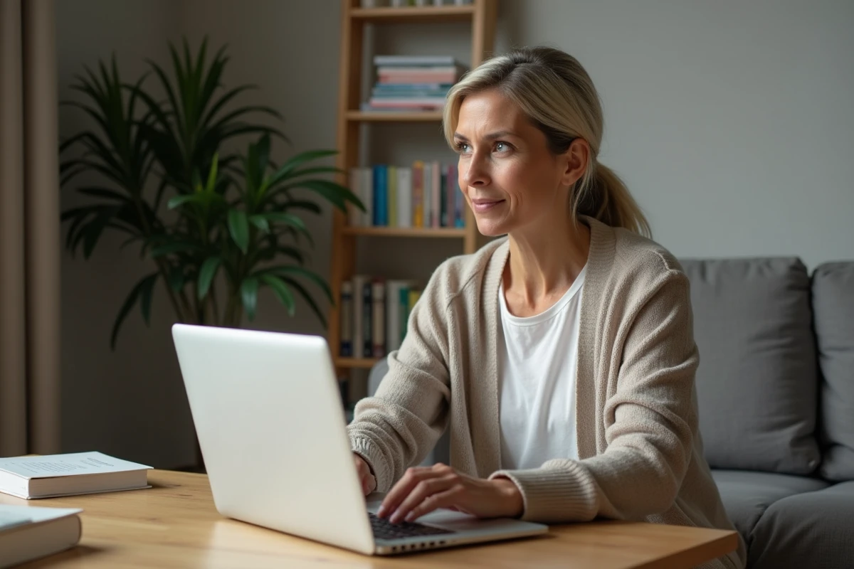 Femme en cardigan travaillant &agrave; domicile avec un ordinateur