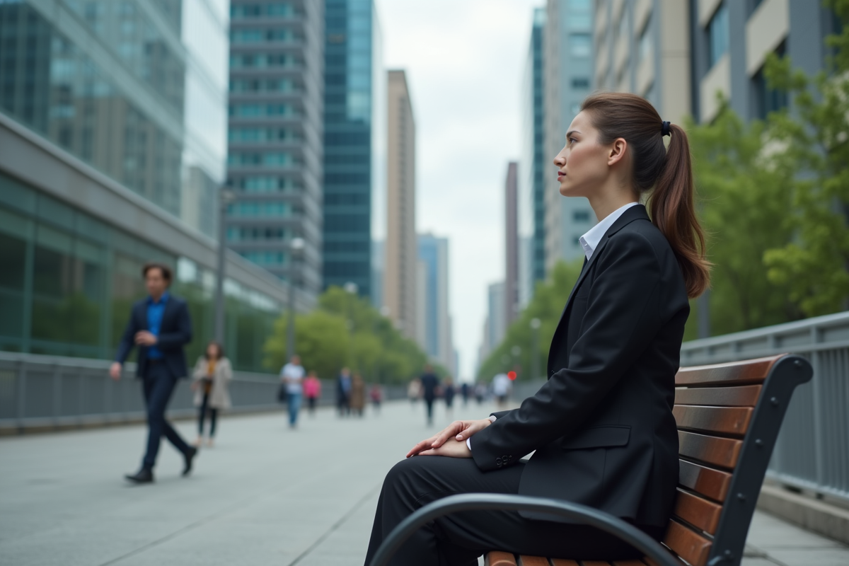 Jeune femme en costume assise sur un banc urbain