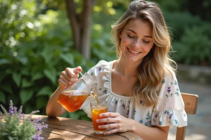 Jeune femme versant une infusion de thym dans un verre en &eacute;t&eacute;