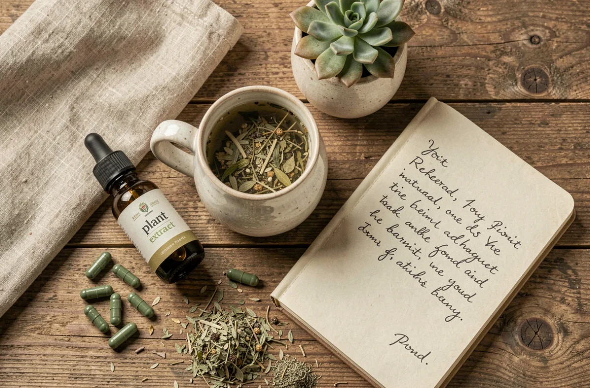 Flat lay de produits phyto santé naturels avec herbes séchées, capsules et journal bien-être sur table en bois