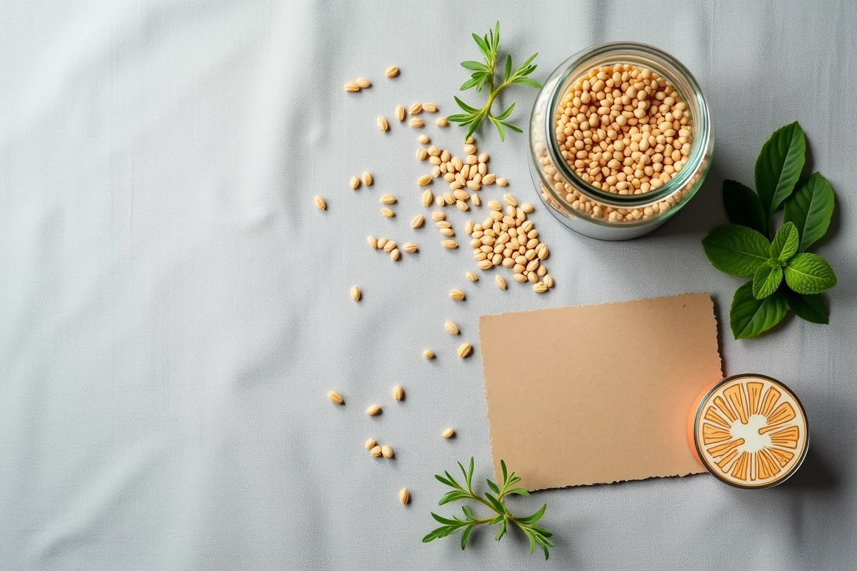 Mise en scène éditoriale avec du riz complet cru en bocal et une illustration du microbiote intestinal sur fond de lin gris, pour un article sur les bienfaits du riz pour la digestion