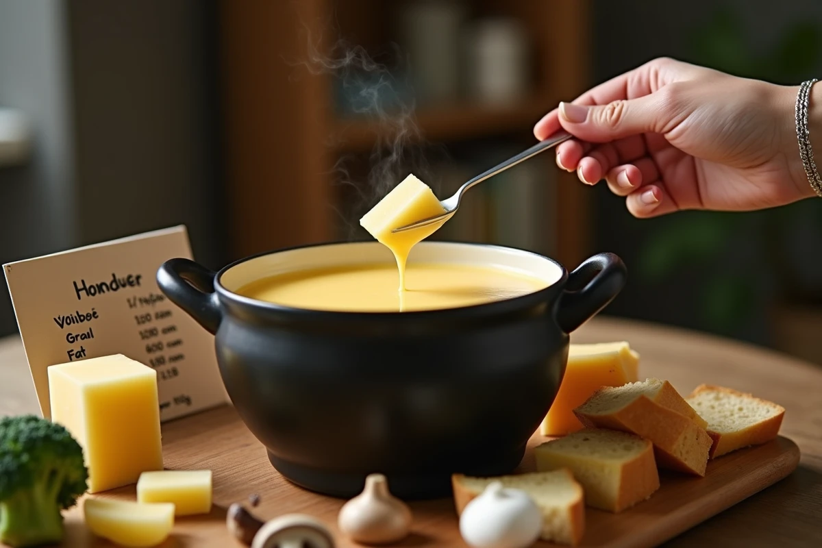 Fondue au fromage maison avec alternatives santé pour diabétique, légumes à tremper et fiche nutritionnelle des fromages posée à côté du caquelon