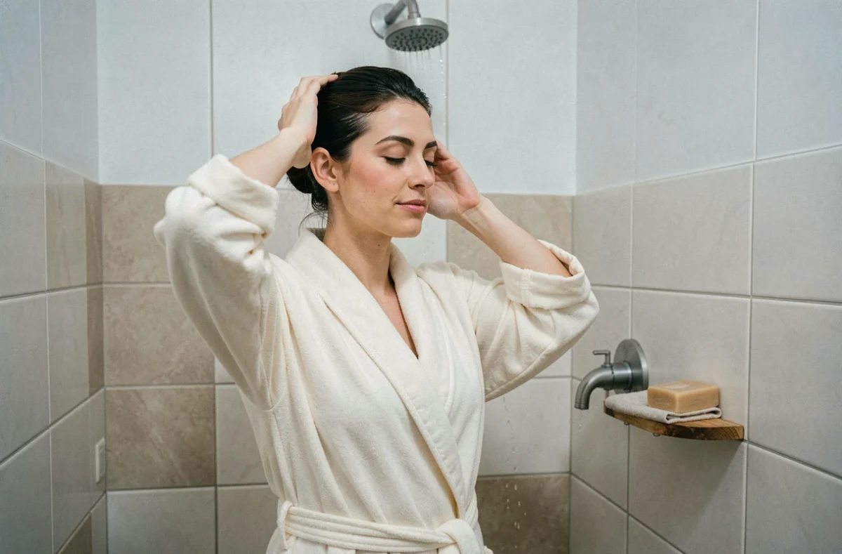 Femme effectuant le ghusl sous la douche dans un geste recueilli et spirituel, illustration de la purification rituelle islamique