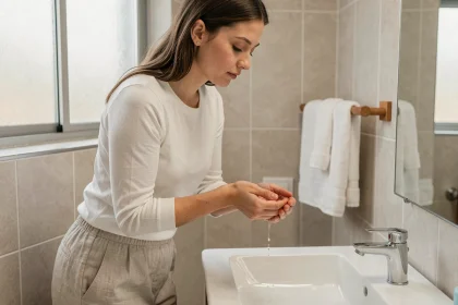 Jeune femme convertie à l'Islam effectuant la grande ablution au lavabo dans une salle de bain propre et apaisante