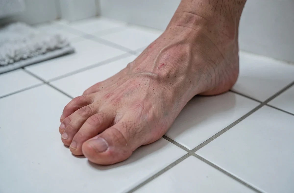 Gros plan d'un pied nu adulte posé sur un carrelage blanc aux orteils légèrement crispés, symbolisant la sensation de brûlure et d'inconfort plantaire au repos