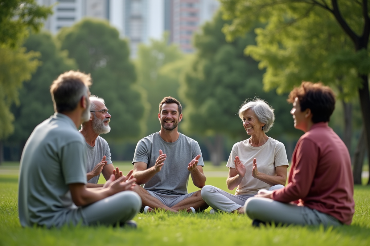 Groupe diversifié en pleine réflexion dans un parc