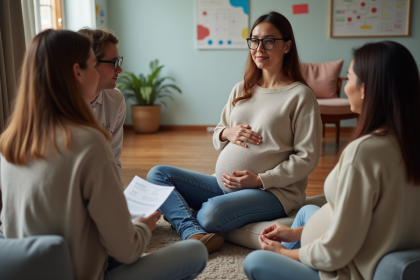 Femme enceinte en cours de pr&eacute;paration &agrave; la parentalite