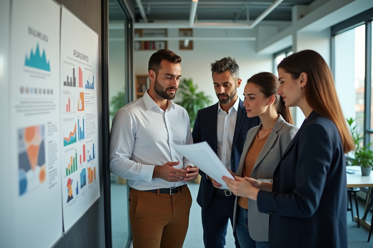 Groupe de quatre adultes en réunion dans un bureau moderne
