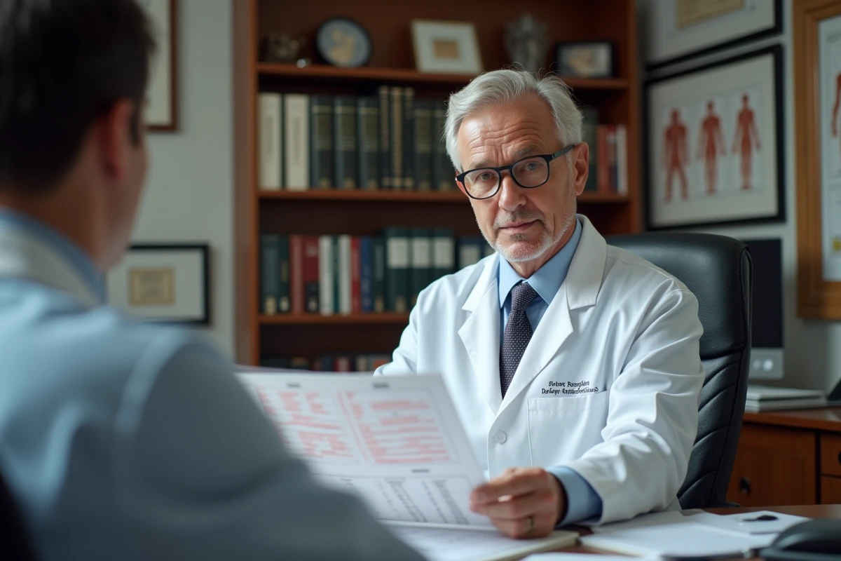 Hematologue discutant avec un patient dans son bureau professionnel