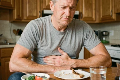 Homme adulte ressentant une gêne digestive et des ballonnements après un repas dans sa cuisine