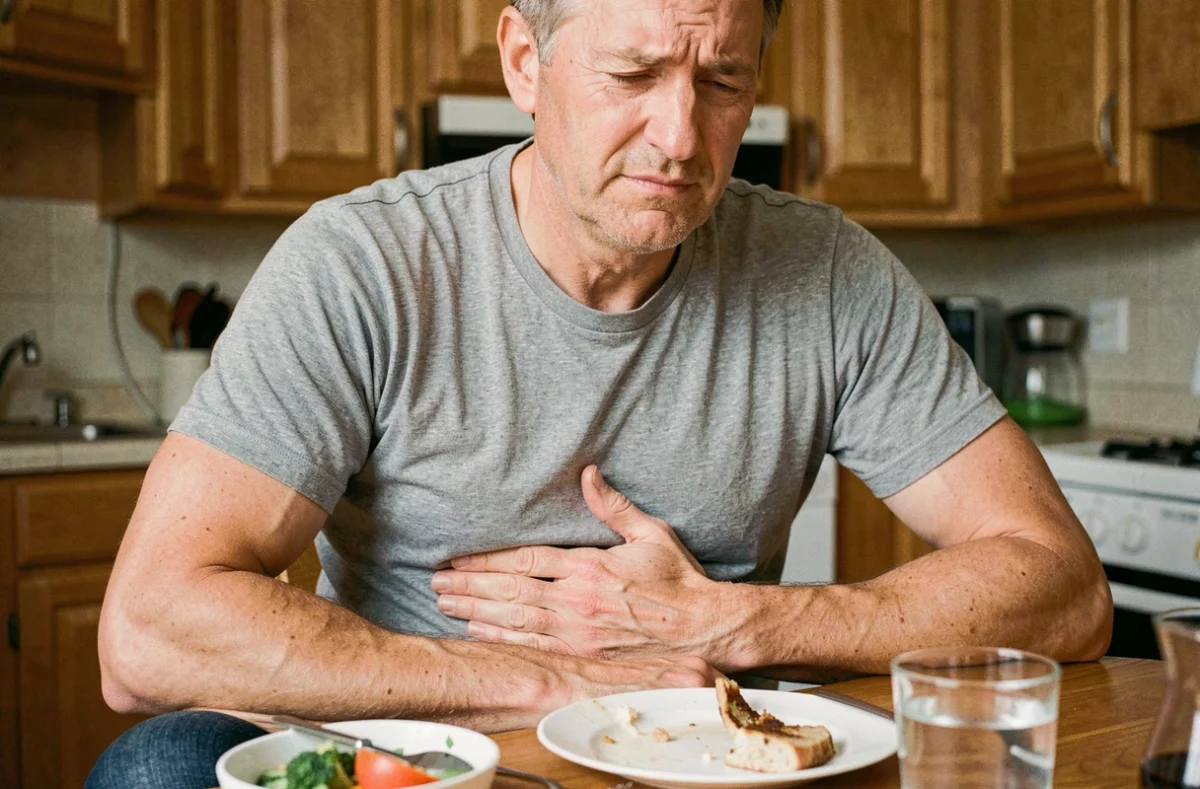 Homme adulte ressentant une gêne digestive et des ballonnements après un repas dans sa cuisine