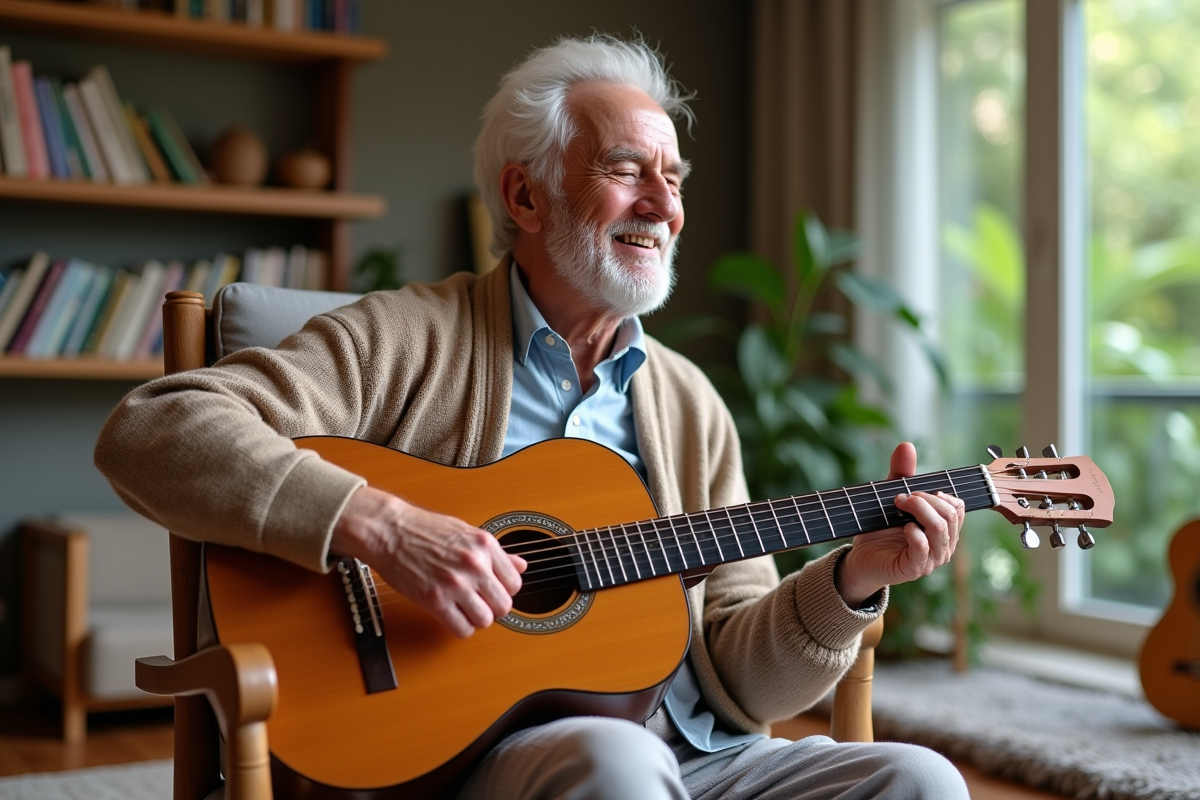 Homme age joue de la guitare dans une salle chaleureuse