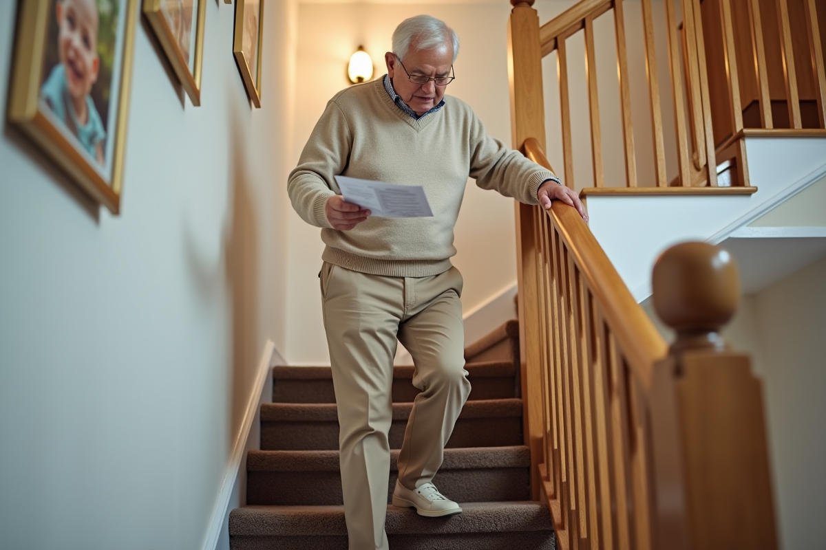 Homme âgé montant prudemment un escalier intérieur