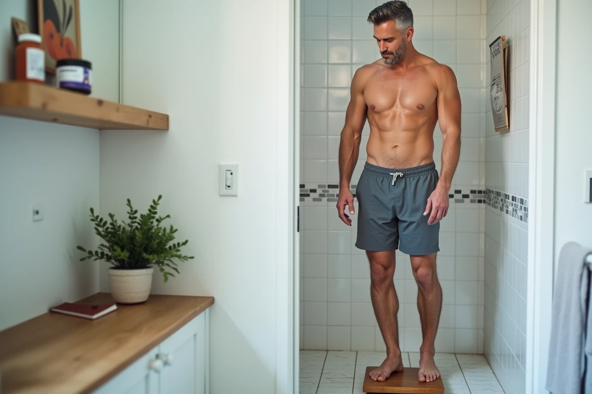 Homme sur une balance suivant sa progression de perte de poids avec un complément alimentaire naturel
