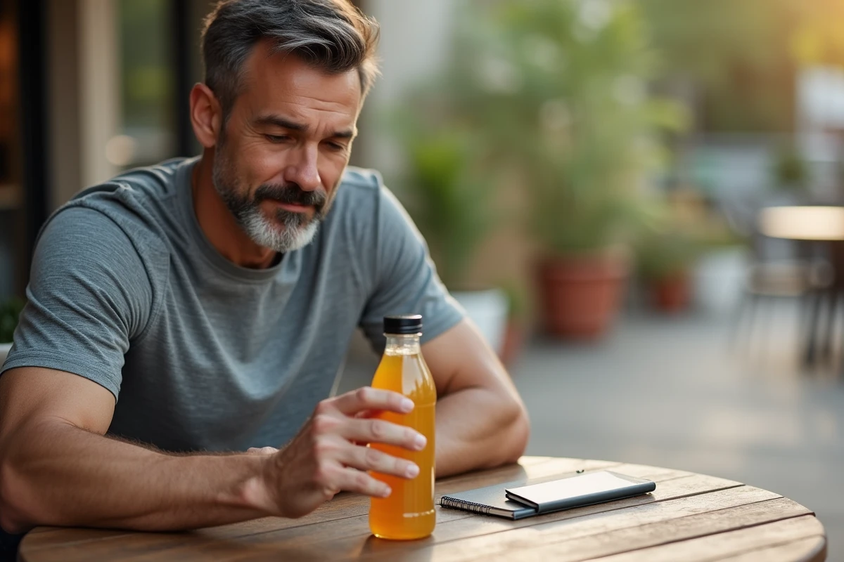 Homme lisant l'étiquette d'une bouteille de boisson Bonjour en terrasse, comparant les avis et ingrédients