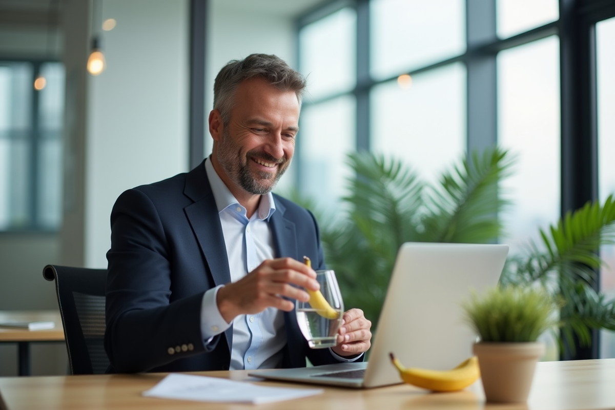 Homme d affaires au bureau buvant de l eau avec une banane à la main