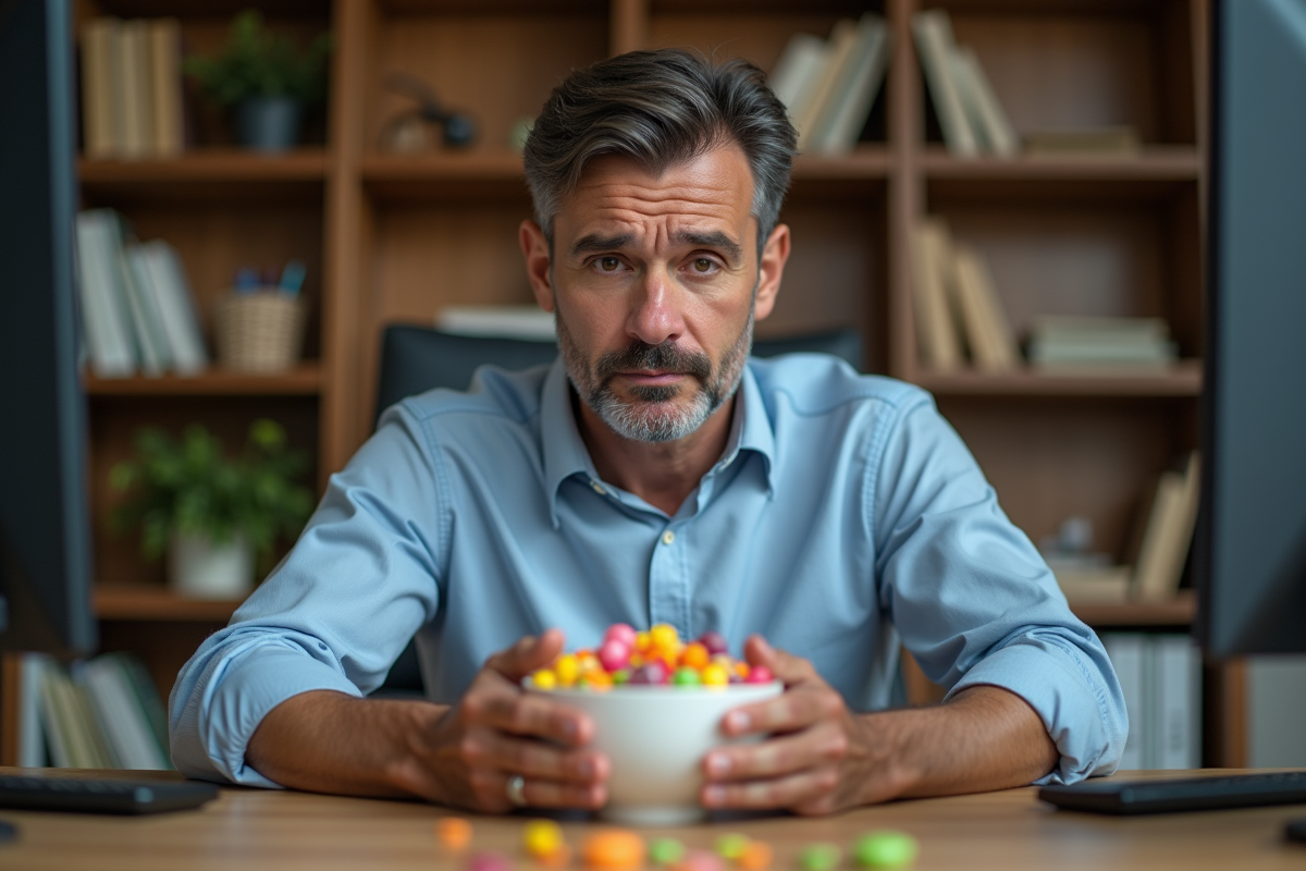 Homme d affaires regardant des bonbons sur son bureau
