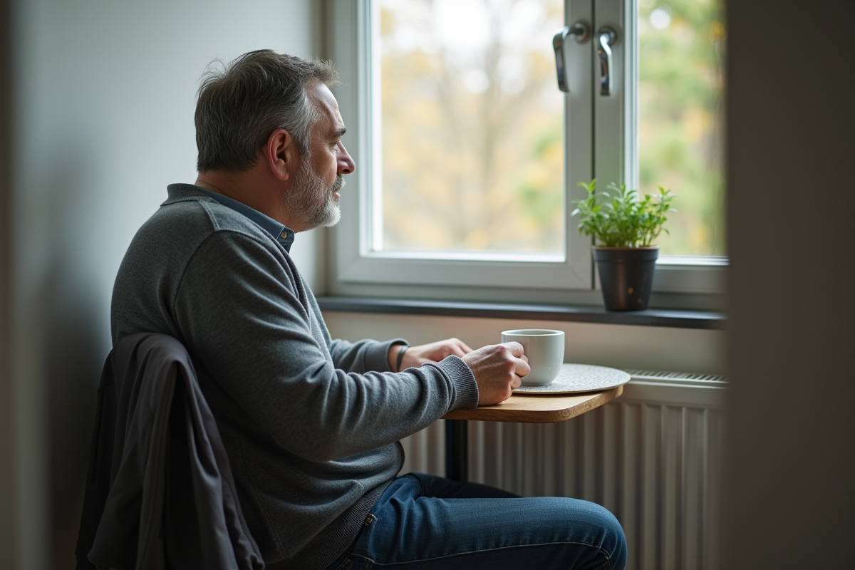 Homme seul buvant un café dans une cuisine lumineuse