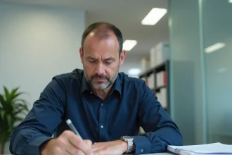 Homme en situation de handicap invisible remplissant un dossier MDPH pour une RQTH liée à une discopathie dégénérative