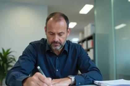 Homme en situation de handicap invisible remplissant un dossier MDPH pour une RQTH liée à une discopathie dégénérative