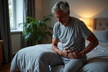 Homme d'&acirc;ge moyen assis sur le lit la main sur la hanche