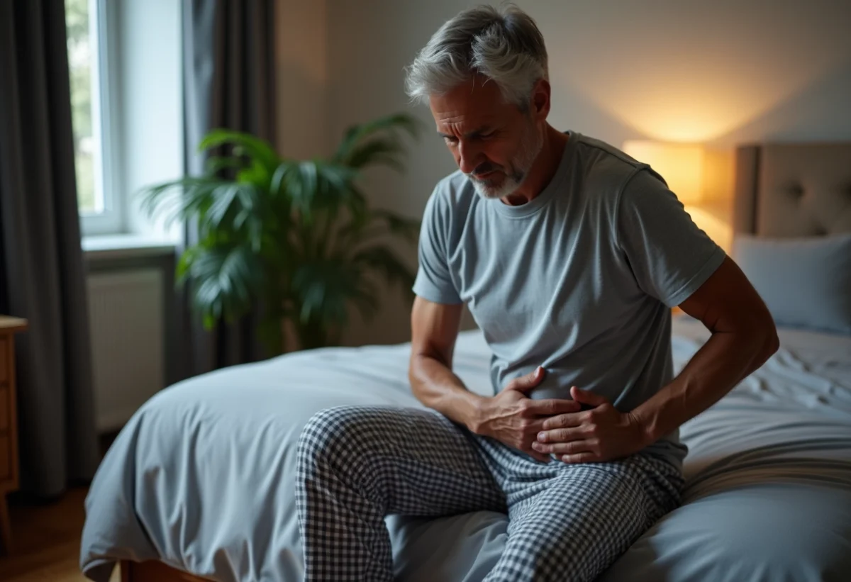 Homme d'âge moyen assis sur le lit la main sur la hanche
