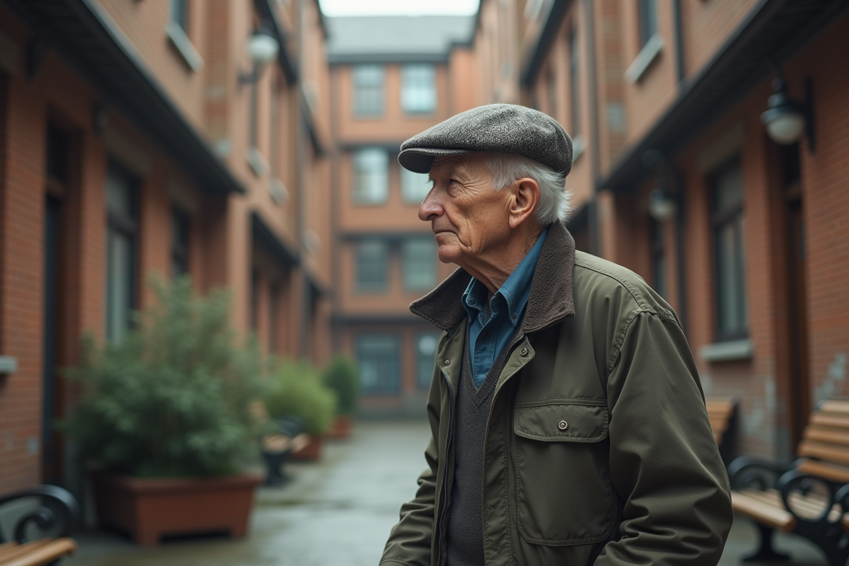 Homme âgé regardant dans la cour d’un logement social