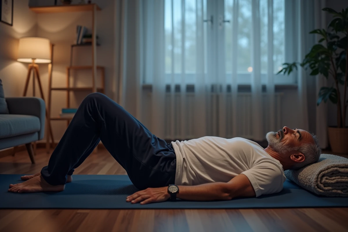 Homme pratiquant des étirements jambes contre le mur pour soulager les douleurs nocturnes