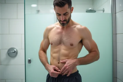 Homme examinant la zone du pubis dans une salle de bain moderne pour détecter un poil incarné