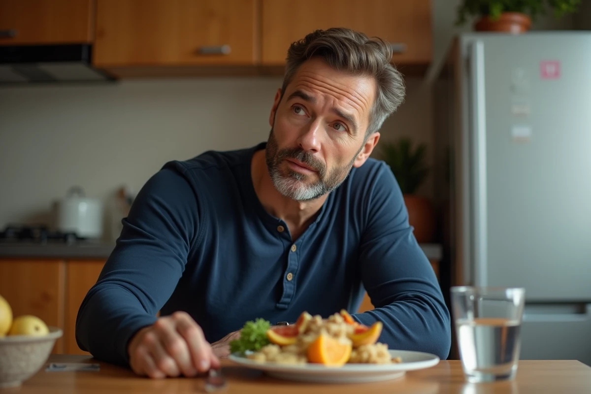 Homme d'&acirc;ge moyen assis devant un repas sain en cuisine, l'air fatigu&eacute; et pr&eacute;occup&eacute;, illustrant la prise de poids li&eacute;e au stress ou &agrave; un trouble hormonal