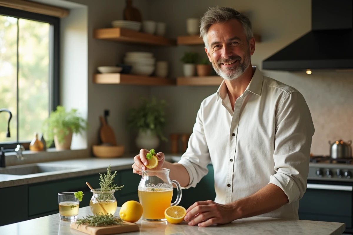 Homme pr&eacute;parant une tisane au thym dans la cuisine moderne